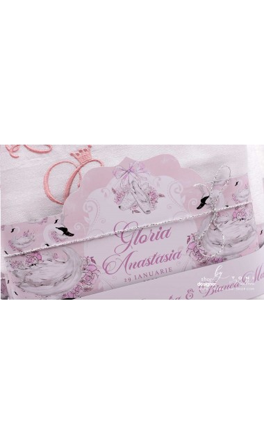 Trusou de botez cu lebede si motive florale personalizat pentru fete, Lebada alba 25